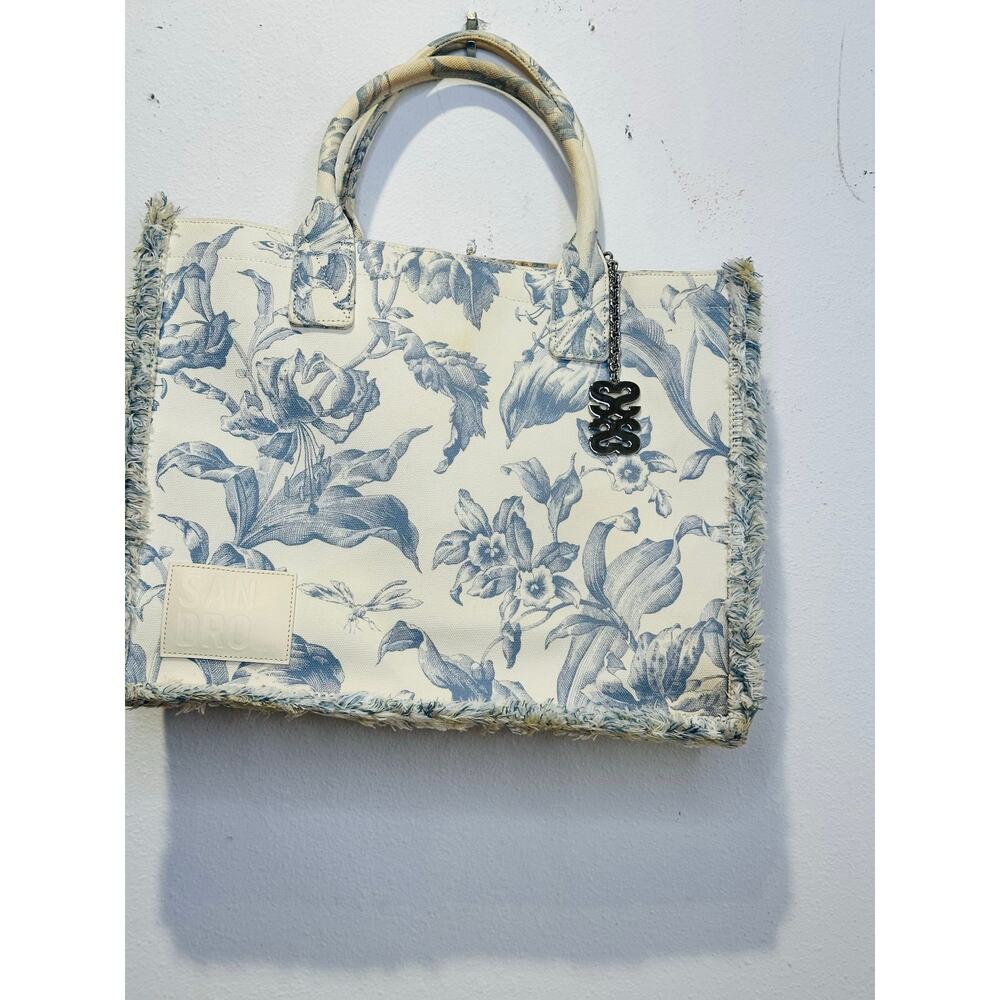 SANDRO Women's Blue Floral Print Magnetic Closure Frayed Edges Kasbah Tote Bag - Picture 3 of 16